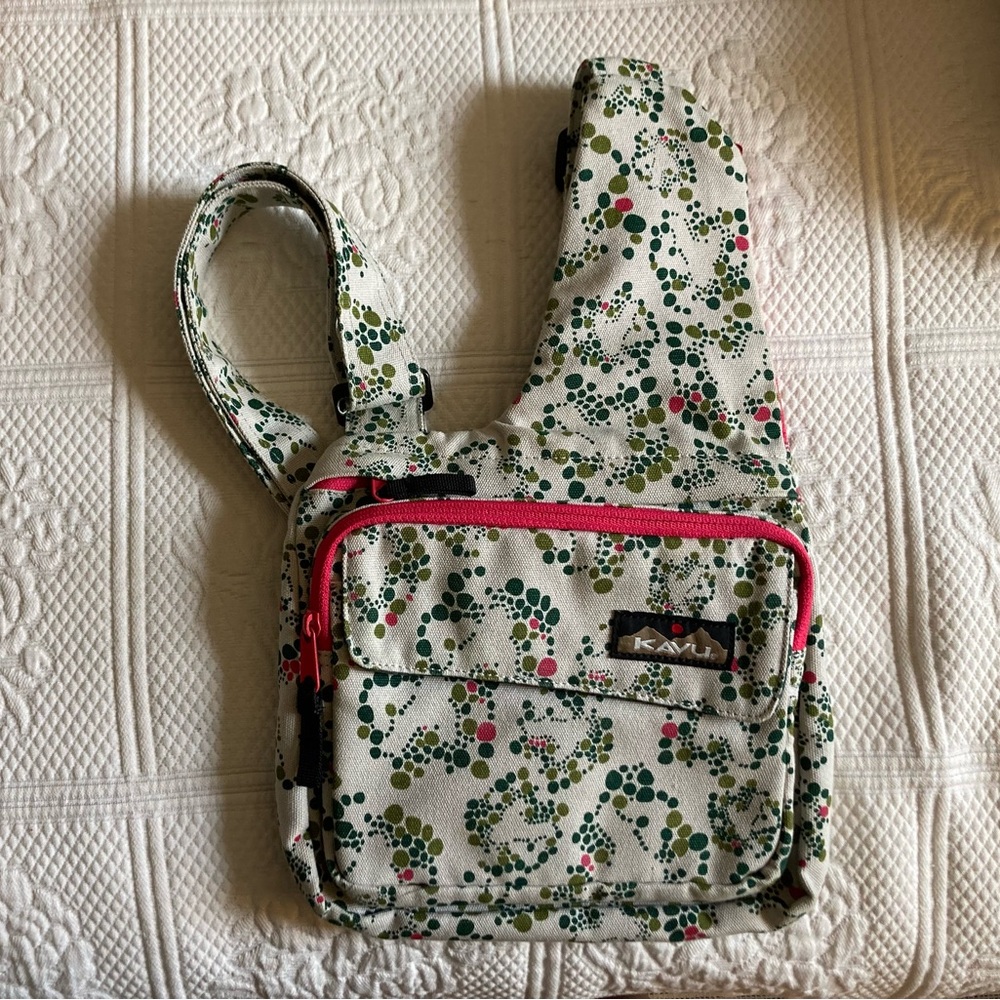 Like New Kavu Women's Sling Bag - White with Pink and Green Dots